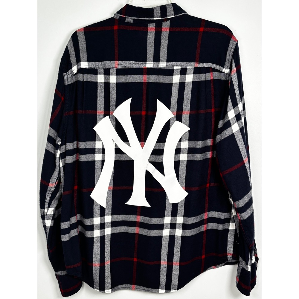 George Mens Plaid Button Down Shirt New York Yankees Back Logo Navy Blue Red XL